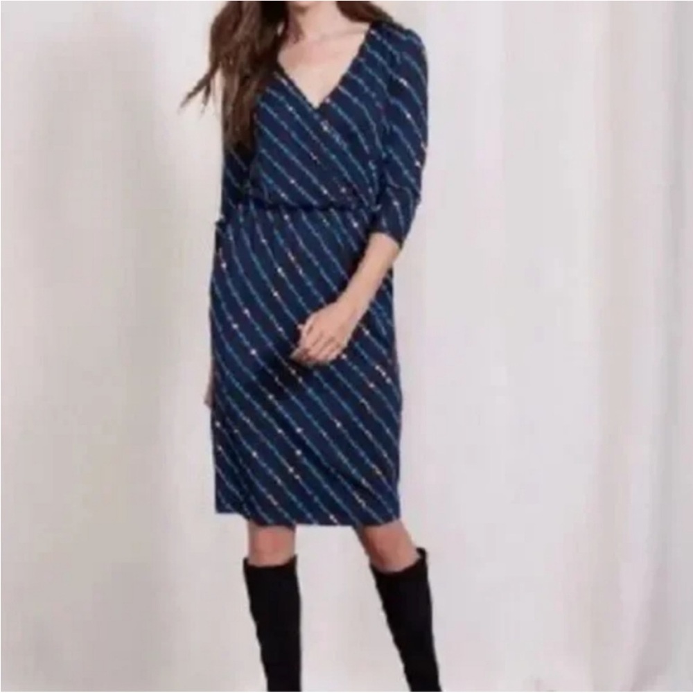 BODEN Cressida Dress Sz 16L Blue Wrap Polka Dot 3/4 Sleeve Modal Stretch Casual